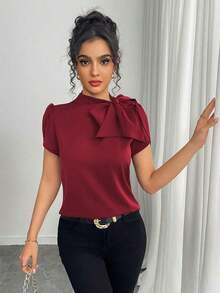 Camisa de mujer con mangas abombadas, nudo en el cuello y unicolor, casual y versátil, para primavera/verano - Rojo - Ver 8