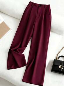 Pantalones casuales de mujer de unicolor con bolsillo y pliegues - Burdeos - Ver 1