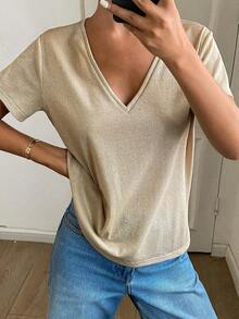 Camiseta casual holgada de mujer de unicolor con cuello en V y mangas cortas, ropa casual de negocios para mujer - Albaricoque 2 - Ver 6