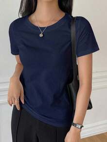 Camiseta de cuello redondo de manga corta de unicolor versátil y casual, tops estilo universitario - Azul marino - Ver 3