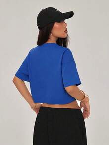 Camiseta corta negra con letras brillantes de colores, estilo casual juvenil - Azul - Ver 2