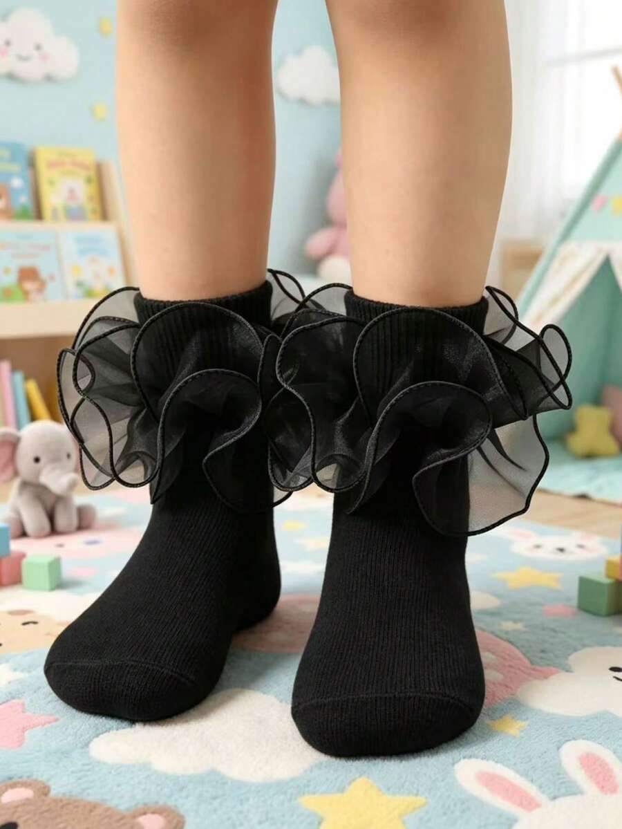 1 par de calcetines para niñas con volantes y adorno floral, calcetines de princesa para bebé - Negro - Ver 1