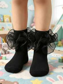1 par de calcetines para niñas con volantes y adorno floral, calcetines de princesa para bebé - Negro - Ver 6