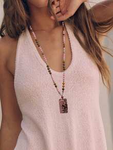 Boho Rhodonite Necklace Square Pendant Handmade Knotted Picture Stone & Rhodonite Long Necklace Vintage Luxury Geometric Pendant Chain - Multicolor - View 6