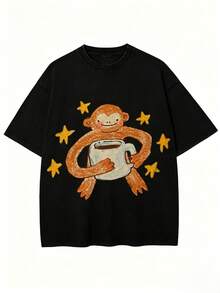 Women's T-Shirt With Cute Monkey Holding Coffee Print, Comfortable And Breathable, Pure Cotton, Short Sleeve, Round Neck, Loose Fit, Casual Urban Style, Soft Black Fabric T-Shirt With Monkey And Star Graphic For Everyday Wear - 黑色 - 查看 7