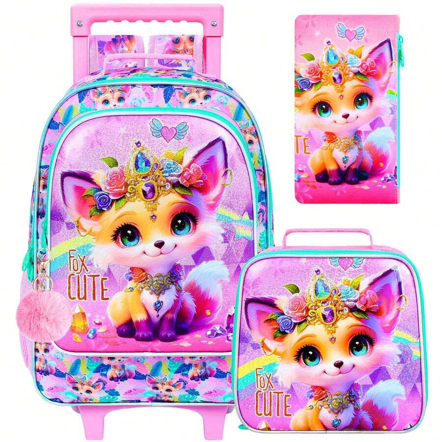3Pcs Rolling Backpack For Girls, Kids Roller School Backpack With Wheels, Fox Wheeled Bookbag For Elementary Preschool Kindergarten(Pink) - UV Roller Backpack - View 1