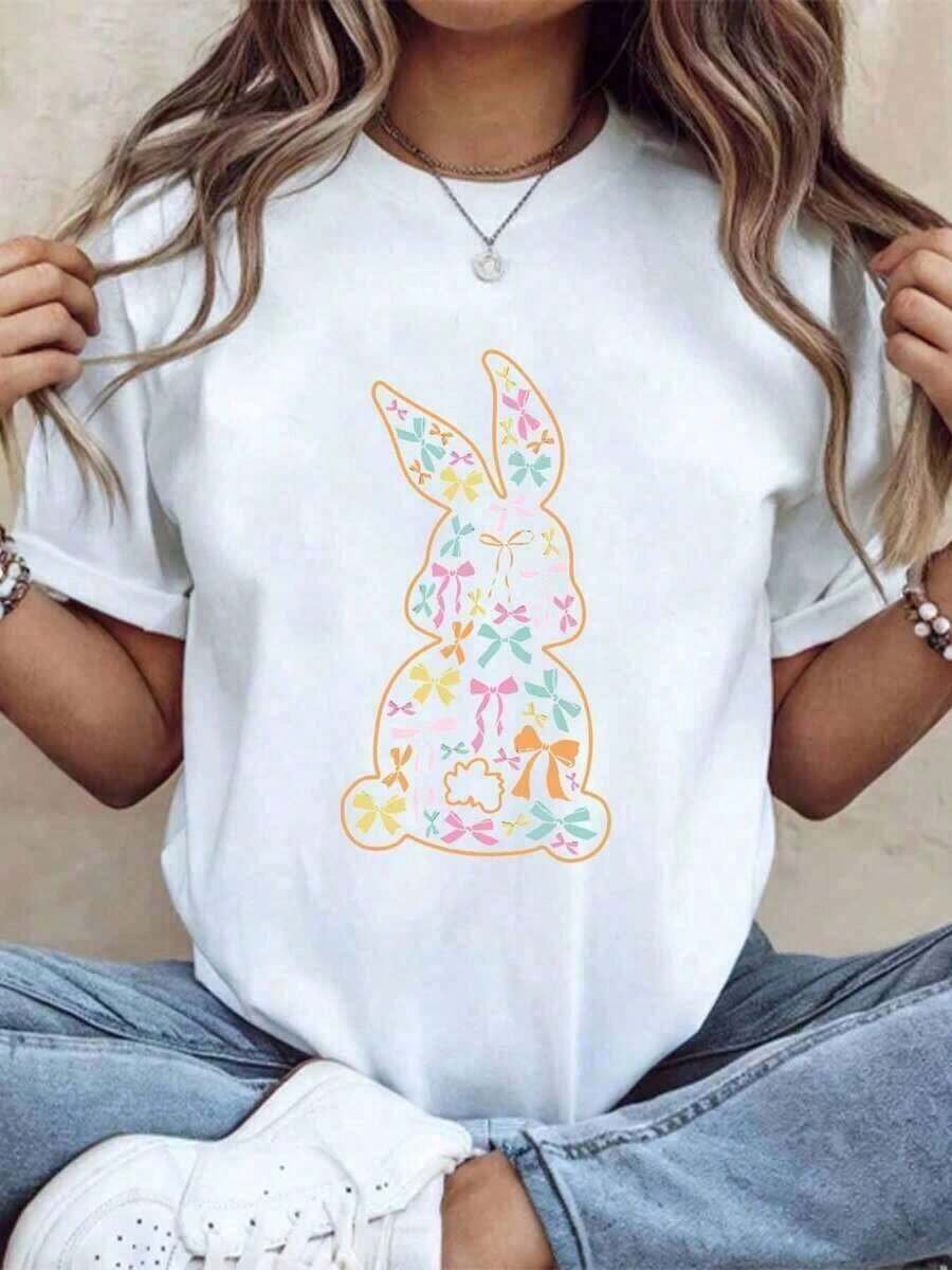 Camiseta con Estampado de Conejo de Pascua y Diseño de Lazo Colorido y Flores para Celebración de Primavera, Ropa Casual para Mujer, Estilo Vintage Urbano, Unisex, de Algodón, Manga Corta, Cuello Redondo, Blusas para Mujer. blusas.blusas casuales para dama. - Blanco - Ver 1