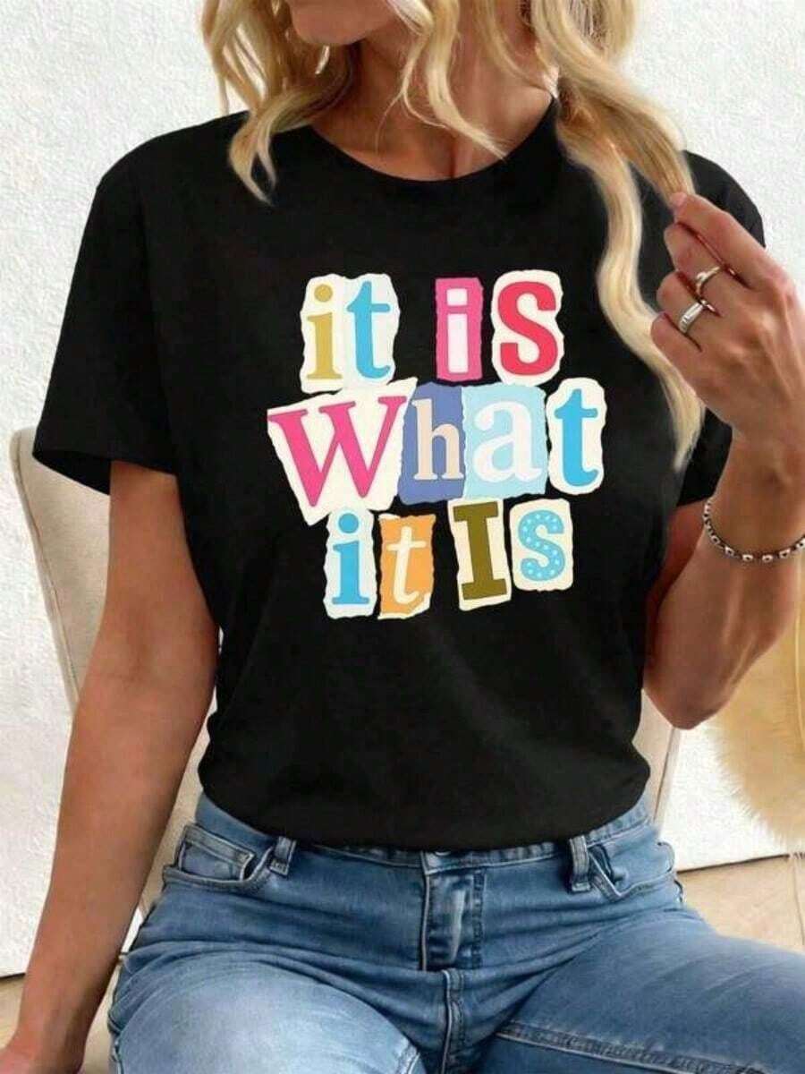 Camiseta Casual con Estampado Gráfico de Letras para Otoño, Tela Premium, Cuello Redondo, Corte Holgado, Cómoda, Estilo Hip-Hop Urbano para Mujer - Negro - Ver 1