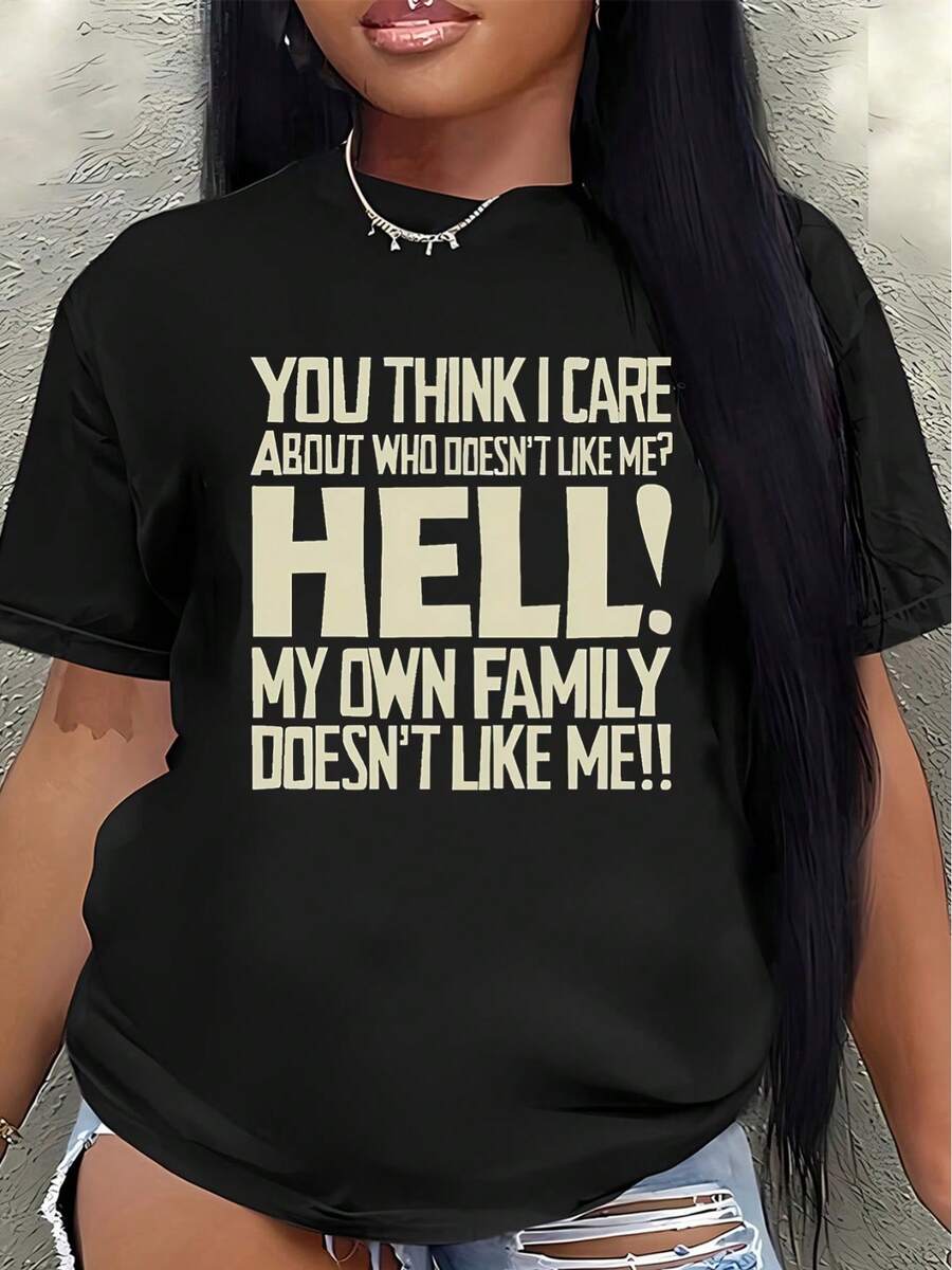 Camiseta de manga corta de poliéster, estampada con llamativos y divertidos eslóganes, adecuada para uso casual, en casa o en un entorno de restaurante. Diseño ligero y duradero, disponible en varios colores.blusa casual mujer - Negro - Ver 1