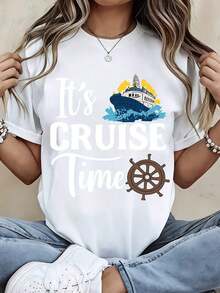 Camiseta Cruise Time con estampado de barco y volante para atuendos casuales y deportivos - Estilo vintage urbano, unisex, de algodón, manga corta, cuello redondo, 100% algodón. - Blanco - Ver 1