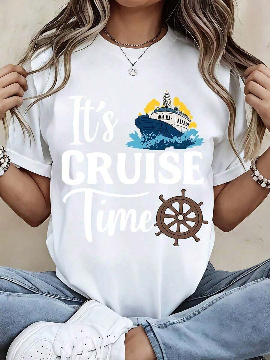 Camiseta Cruise Time con estampado de barco y volante para atuendos casuales y deportivos - Estilo vintage urbano, unisex, de algodón, manga corta, cuello redondo, 100% algodón. - Blanco - Ver 1