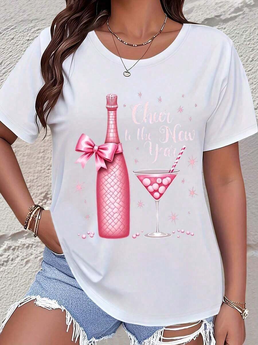 Camiseta Casual de Manga Corta para Mujer, Diseño de Fiesta de Año Nuevo, Estampado de Botella de Champán Rosa, Texto "Brindemos por el Año Nuevo", Ropa para Fiestas y Festivales, Moda - Blanco - Ver 1