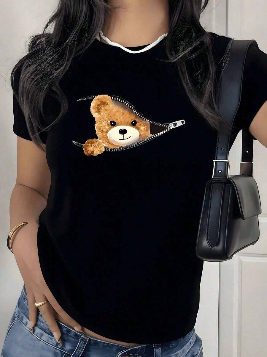 1 Piece, 180g, Women's Casual T-Shirt With Graphic Bear Print, Cute T-Shirt With Zipper Closure And Teddy Bear Design, 100% Cotton, Round Neck, Relaxed Fit. - 黑色 - 查看 1