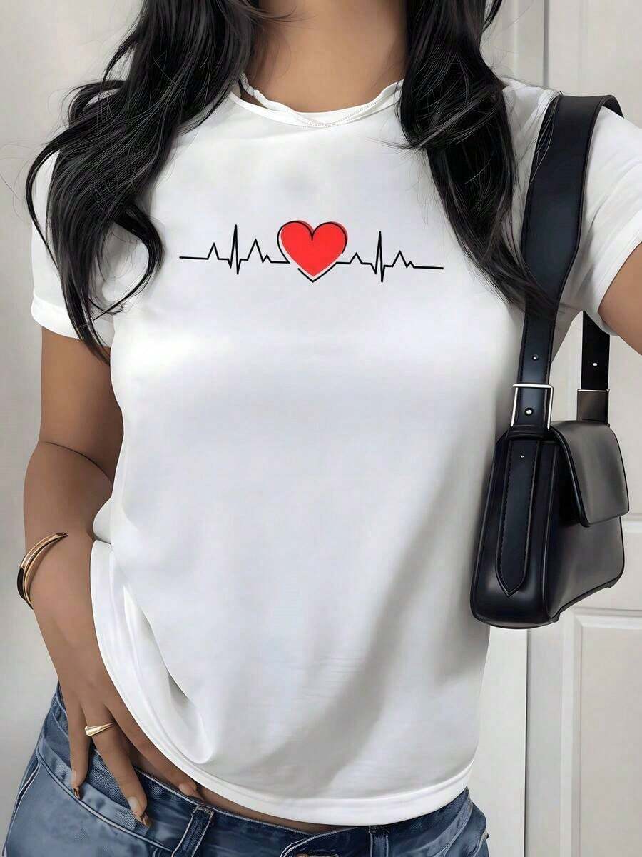 Camiseta con Estampado Gráfico de Latidos del Corazón, 180g, 1 Pieza, Estilo Romántico, Casual para Mujer, 100% Algodón, Estilo Minimalista - Blanco - Ver 1