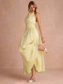 Vestido elegante de cuello halter y espalda descubierta con silueta esbelta - Amarillo - Ver 7
