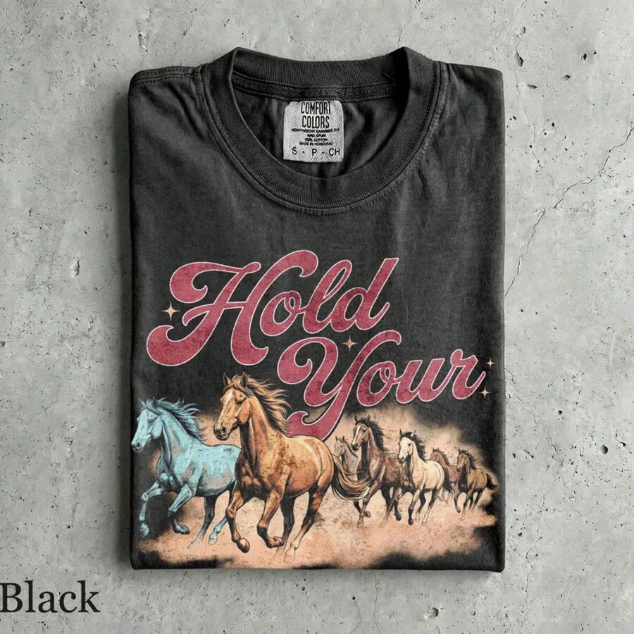 Camiseta "Hold Your Horses" de los 90 - Camiseta gráfica unisex  y mujer - Camiseta vaquera vintage de moda - Camiseta vaquera del oeste - Camiseta de rodeo retro,Embalaje individual - Negro - Ver 1