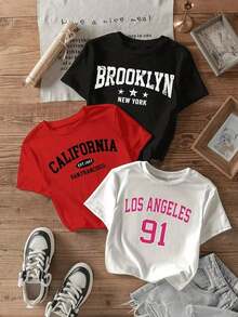 Camiseta de mujer a 3 con estampado de Brooklyn, Nueva York, California - Camiseta casual de manga corta y cuello redondo para verano, con el estampado de Brooklyn, lavable a máquina, adecuada para usar en capas en primavera, verano y otoño con atuendos casuales. - Blanco - Ver 8