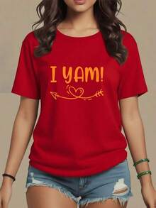 Comfortable Festive Phrase "I YAM" With Heart And Arrow Symbolizing Joy And Love For Christmas. Women's T-Shirt, 100% Cotton, Comfortable And Perfect For Christmas Days. Fashionable All-Match Women's Short Sleeve T-Shirt, Basic Style For Inner & Outer Wear - 紅色的 - 查看 10