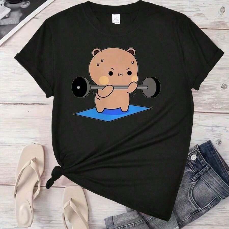 COOL SUMMER Cute Short Sleeve Cotton T-Shirt With And Print, Anime Style, Cartoon Fashion For Women And Girls, Kawaii Top | Exquisite Design | Loose And Comfortable | Easy To Match | - 黑色 9 - 查看 1