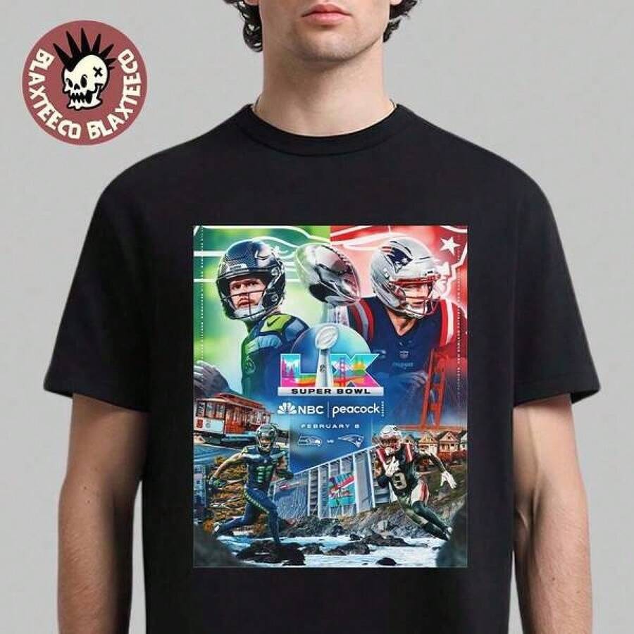Camiseta negra de manga corta para hombres y mujeres, con un estampado temático del  LIX con jugadores de fútbol y el logo de NBC Peacock, adecuada para ocasiones casuales y deportivas diarias. - Negro - Ver 1