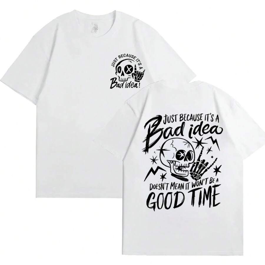 Women's "Just Because It's A Bad Idea" T-Shirt, Funny Skeleton Graphics, Sarcastic Style, Crew Neck, Short Sleeve, Aesthetic Clothing - 白色 - View 1
