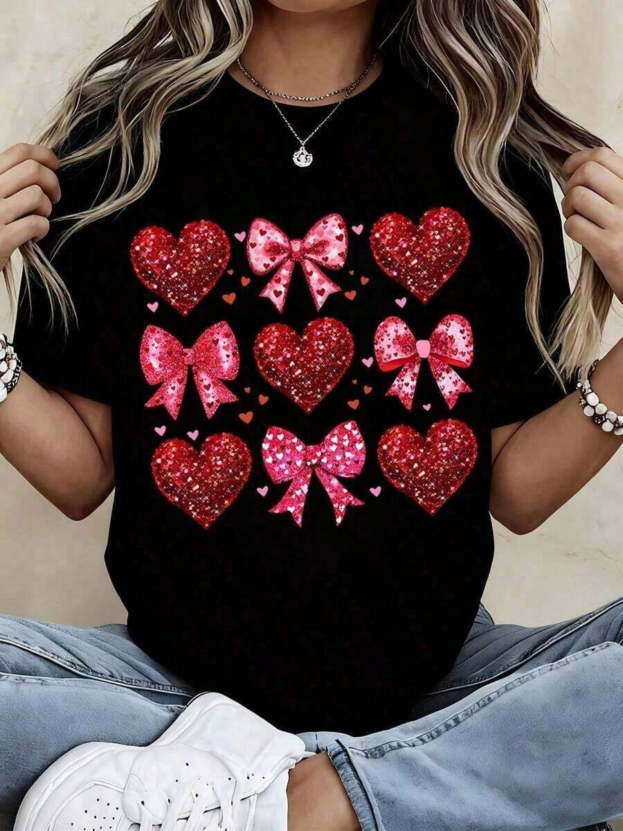 1 pieza Camiseta Blanca para Mujer con Estampado de Corazón Brillante y Lazo, Top Casual de Moda, 180g Algodón 100% - Negro - Ver 1