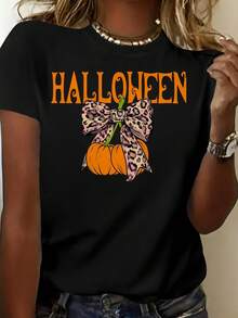Camiseta de mujer de algodón puro con estampado de leopardo y lazo, estilo premium para Halloween, adecuada tanto para uso casual como de trabajo, diseño de cuello redondo, absorbente de sudor y transpirable, ecológica. - Negro - Ver 8