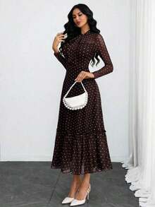 Vestido elegante, sexy y romántico de lunares retro de doble capa con lazo, adecuado para el trabajo, citas y vacaciones de primavera - Cafetería - Ver 5