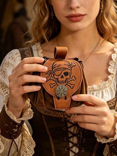 1 pieza Bolsa de cinturón de cuero medieval vikingo, bolsa de cintura con cordón con grabado de runas nórdicas y calavera de pirata, monedero del Renacimiento con presilla para cinturón, accesorio de cosplay para feria del Renacimiento, disfraces de vikingo y pirata