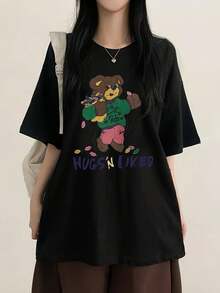 Camiseta de manga corta con estampado de oso de dibujos animados PremiumY2K para mujer, nueva moda de verano, versátil, holgada, con cuello redondo, estilo Y2K, ecológica. - Negro - Ver 8