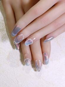 10pcs Oval Short Handmade Press On Nails Nude Pink & Blue Fake Nail Tips With Holographic Aurora & Pearl Decoration Reusable Luxury False Nails For Women - Baby Blue - View 6