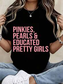Camiseta de cuello redondo blanca, casual, de corte holgado, con estampado de Pinkies Pearls y chicas bonitas y educadas, top de moda para mujer, playeras de mujer. - Negro - Ver 2