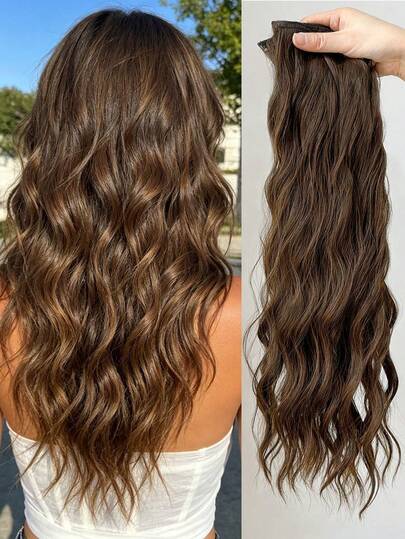 7 piezas de extensiones de cabello sintético ondulado de 22 pulgadas de largo con 16 clips, color marrón, para todo el cabello de mujer