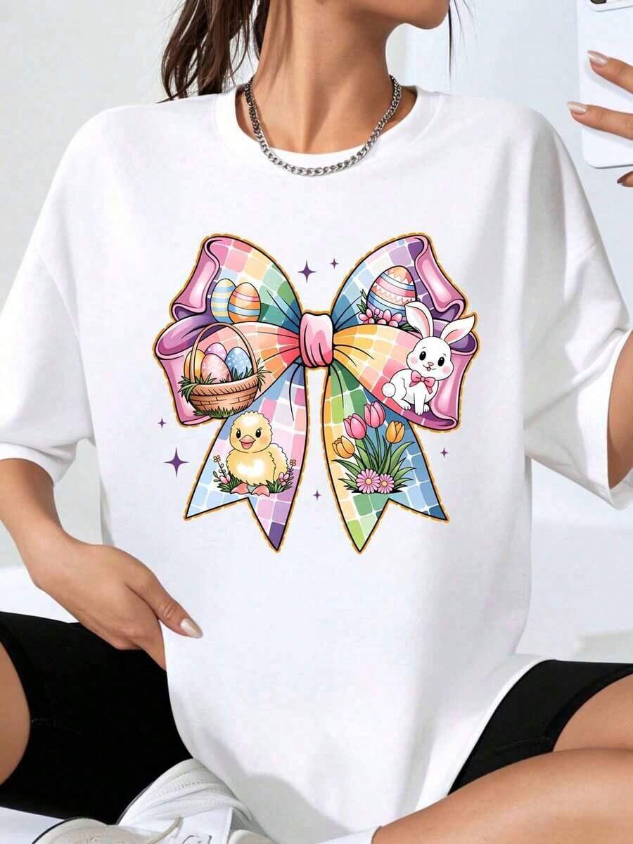 Camiseta de Pascua con Diseño de Conejo, Pato y Huevos, Top Casual para Mujer, Camiseta Gráfica de Moda para Vacaciones de Primavera, Playera Holgada - Blanco - Ver 1