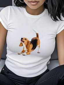 ¡Oferta por tiempo limitado, unidades limitadas,  relámpago! Camisas casuales para mujer, camisetas de poliéster para mujer, camisas elegantes. Camiseta con estampado de perro Beagle adorable, top casual de manga corta y cuello redondo, ropa de mujer, a la moda y versátil, cómoda para uso diario, adecuada para citas, salidas y hogar, regalo perfecto - Blanco - Ver 1
