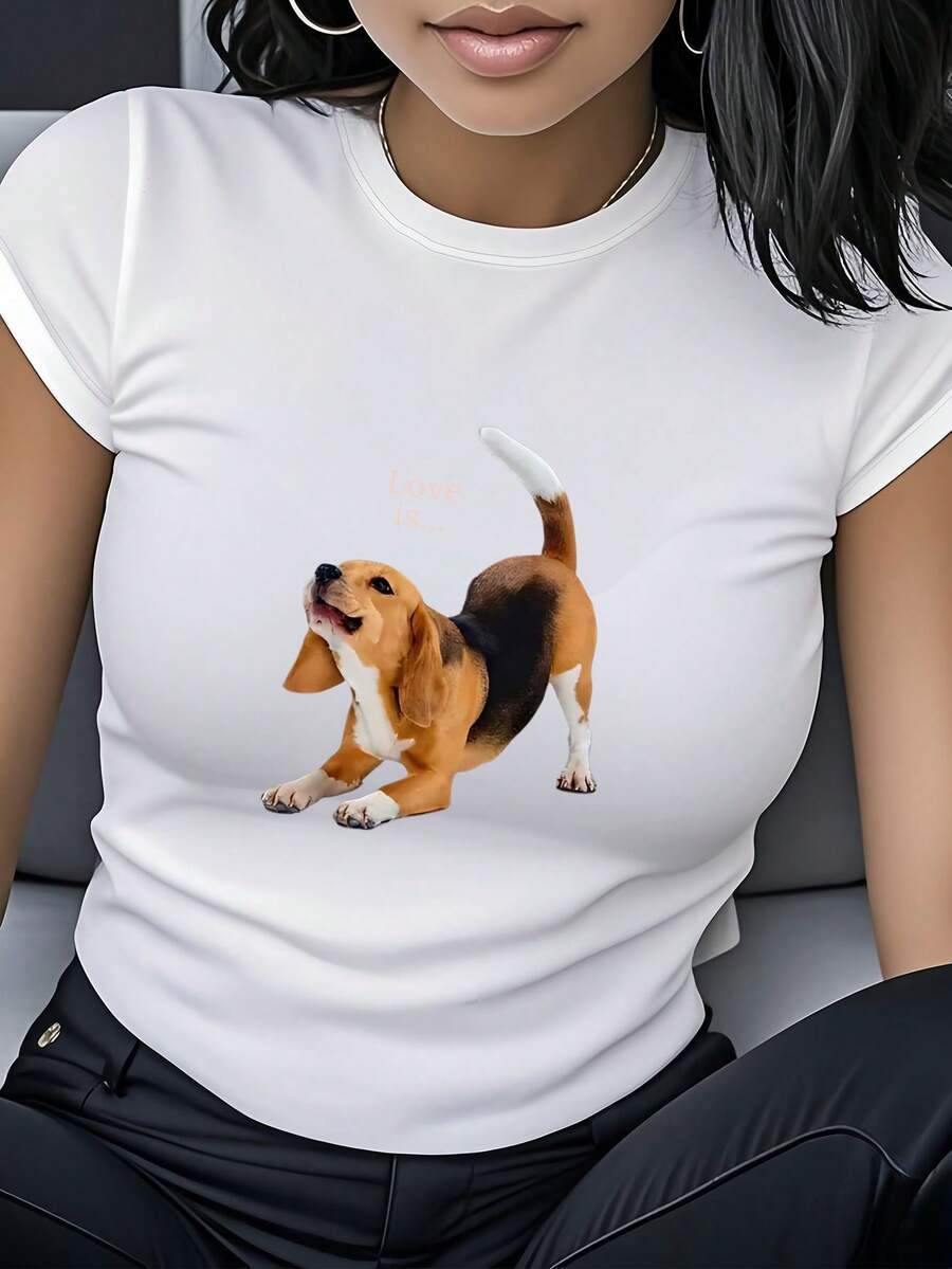 ¡Oferta por tiempo limitado, unidades limitadas, relámpago! Camisas casuales para mujer, camisetas de poliéster para mujer, camisas elegantes. Camiseta con estampado de perro Beagle adorable, top casual de manga corta y cuello redondo, ropa de mujer, a la moda y versátil, cómoda para uso diario, adecuada para citas, salidas y hogar, regalo perfecto - Blanco - Ver 1