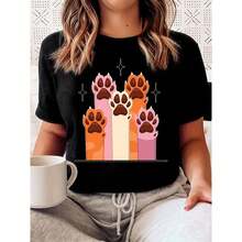 Camiseta de Mujer con Estampado de Huella de Perro, Camisetas Gráficas, Tops Casuales Cómodos de Manga Corta, Camiseta Transpirable de Cuello Redondo, Linda, de Algodón, Negra, Tallas S-5XL - Negro - Ver 1