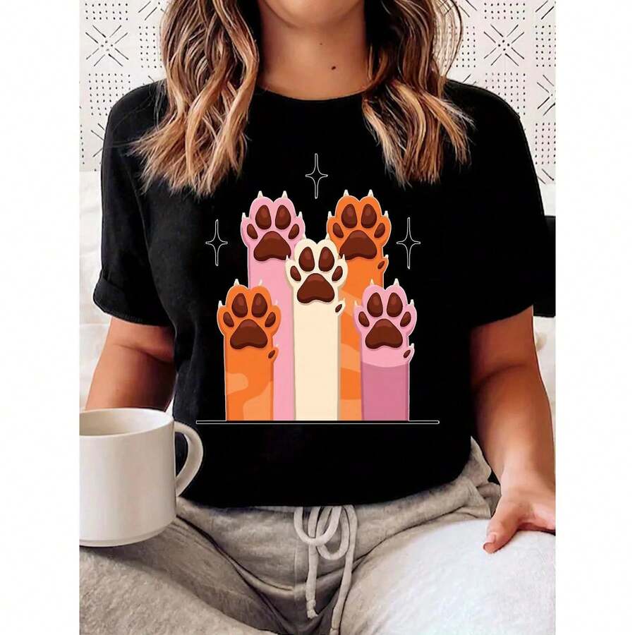 Camiseta de Mujer con Estampado de Huella de Perro, Camisetas Gráficas, Tops Casuales Cómodos de Manga Corta, Camiseta Transpirable de Cuello Redondo, Linda, de Algodón, Negra, Tallas S-5XL - Negro - Ver 1