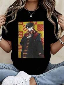 1 Piece Warner Bros Anime Style Character T-Shirt, White, Round Neck, Short Sleeve, Graphic Print With House Background And Wizard Robe Design, 180g 100% Cotton - 黑色 - 查看 7
