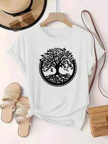 ¡Oferta por tiempo limitado, unidades limitadas,  relámpago! Camisas casuales para mujer, camisetas de poliéster para mujer, camisas elegantes.Camiseta de mujer con estampado de árbol. Las raíces y las ramas del árbol están distribuidas simétricamente dentro de un marco circular con código de impresión de letras y cuello redondo. - Blanco - Ver 1