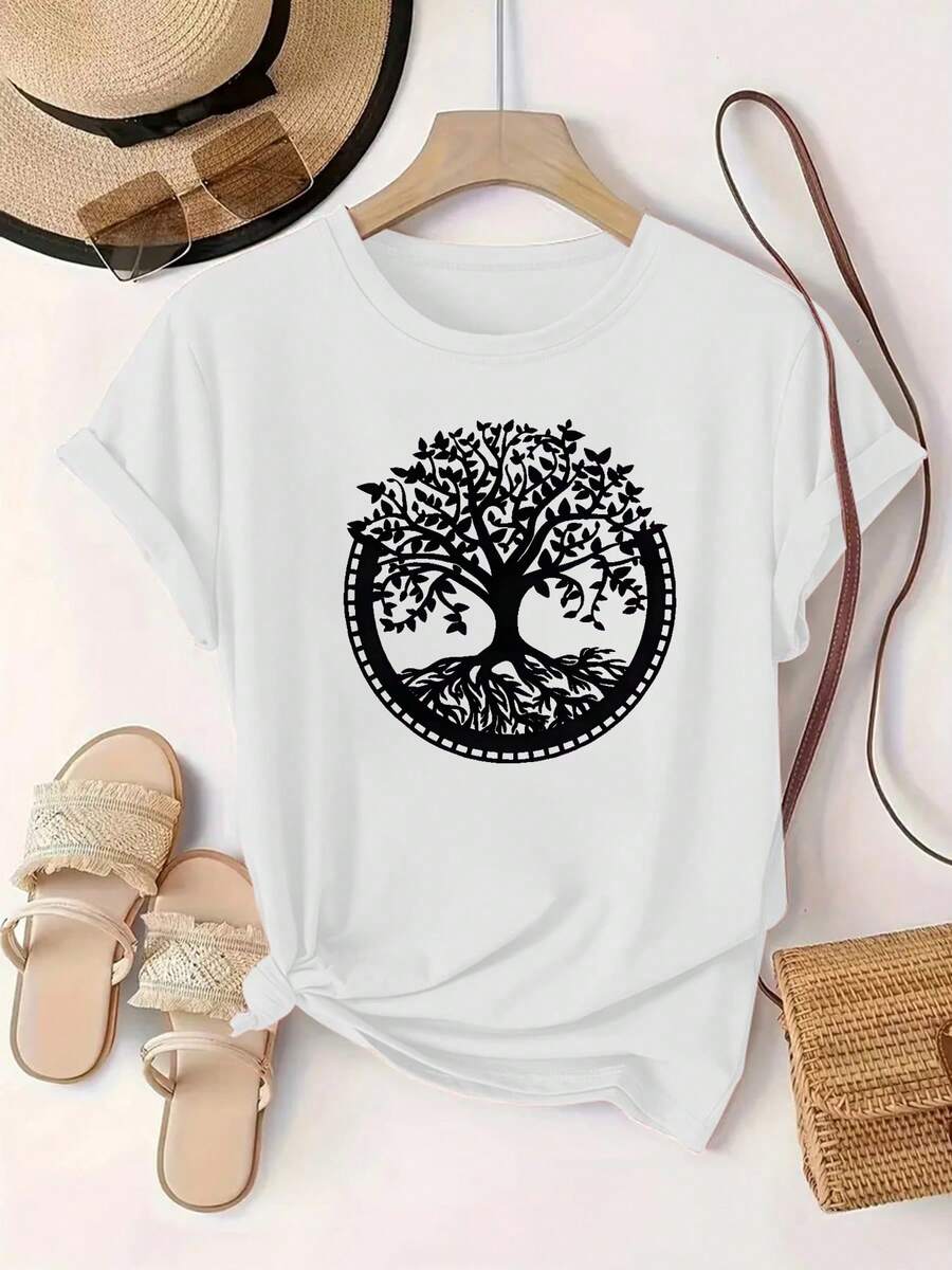 ¡Oferta por tiempo limitado, unidades limitadas,  relámpago! Camisas casuales para mujer, camisetas de poliéster para mujer, camisas elegantes.Camiseta de mujer con estampado de árbol. Las raíces y las ramas del árbol están distribuidas simétricamente dentro de un marco circular con código de impresión de letras y cuello redondo. - Blanco - Ver 1