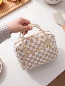 Insulated Lunch Bag For Women Men Waterproof Thermal Insulated Lunch Box Bento Pouch Dinner Insulation Bag Student Thickened – Cute Floral, Bow & Strawberry Print, Corduroy Lunch Tote With Handle & Zipper, Large Capacity Cooler Bag For Work, School, Picnic, Camping, Perfect Christmas Gift For Family, Friends, Teachers & Moms - 卡其色格子 - 查看 5