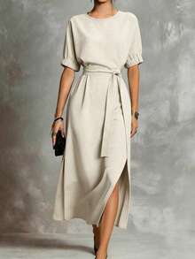 HUTENER Spring/Summer Women's Solid Color Linen Long Dress, Round Neck Waist-Cinching Design, Summer Women's Apparel, Daily Commute Date Gentle Outfit Elegant - Beige - View 2