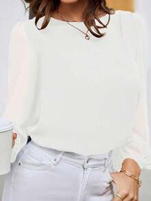 Blusa con mangas de farol y escote en la espalda, blusas de manga larga - Blanco - Ver 4