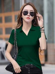 Camiseta casual de manga corta con cuello de mujer, unicolor, verano - Verde - Ver 1