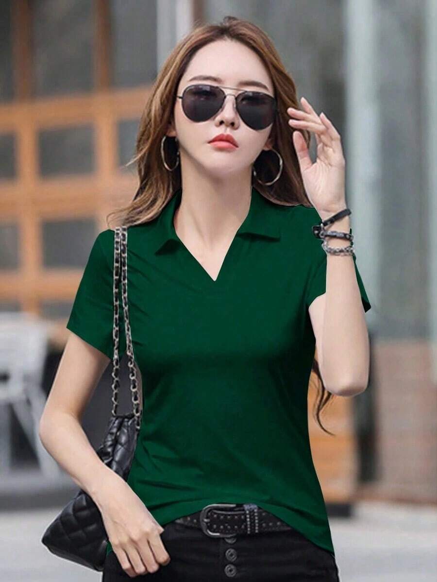 Camiseta casual de manga corta con cuello de mujer, unicolor, verano - Verde - Ver 1