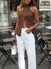 Top halter sin espalda con cruce en el pecho de estilo casual para mujer, de unicolor minimalista, adecuado para vacaciones de verano - Café integral - Ver 6