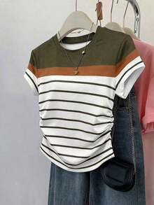 Camiseta de manga corta con pliegues y rayas, casual de verano para mujer - Multicolor 13 - Ver 6