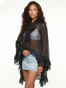 Women's Ruffled Tops Bow Tie Design Stylish Solid See Through Loose Fit V Neck Long Sleeve Blouses Perfect For Summer - Black - View 5