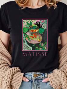 Camiseta casual de verano personalizada para mujer, estilo Matisse, estampado de gato y patrón geométrico de frutas, cuello redondo, mangas cortas, tela ligera, lavable a máquina, estilo holgado y cómodo para uso diario. Camiseta Vintage de Estilo Urbano Unisex de Algodón Holgado de Manga Corta con Cuello Redondo - Negro - Ver 1